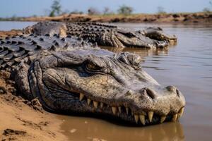 ai gegenereerd krokodillen Bij kachikachtig krokodil zwembad, de Gambia foto