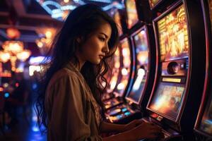 ai gegenereerd Aziatisch vrouw verslaafd naar het gokken in las vegas casino. foto