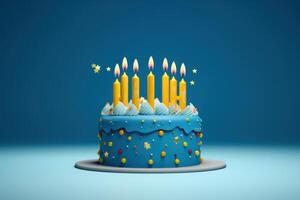 verjaardag taart met blauw glimmertjes en geel kaarsen foto