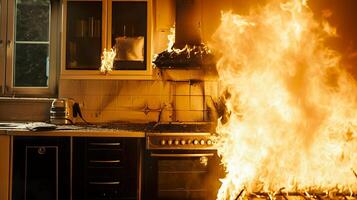 ai gegenereerd ontsnappen de brandend keuken, intens huis brand ramp foto
