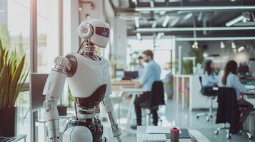 ai gegenereerd futuristische samenwerking, robot in een modern kantoor met echt mensen foto