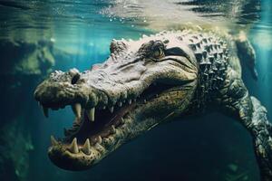 ai gegenereerd detailopname van zout water Amerikaans krokodil onderwater. foto