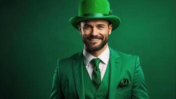 ai gegenereerd elegant gelukkig Mens in groen hoed en groen kleren foto