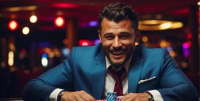 ai gegenereerd gelukkig Mens spelen in een casino foto