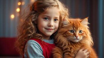 ai gegenereerd weinig meisje met schattig kat Bij huis portret foto