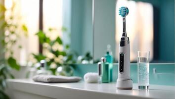 ai gegenereerd elektrisch tandenborstel in de badkamer foto
