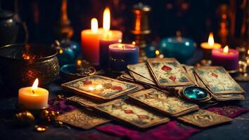 ai gegenereerd tarot kaarten, kaarsen achtergrond foto