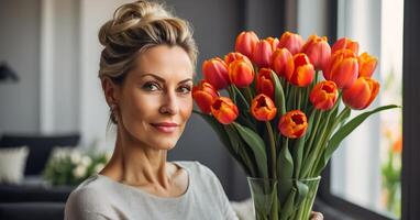 ai gegenereerd portret van een mooi ouderen vrouw met een boeket van tulp bloemen in de leven kamer foto