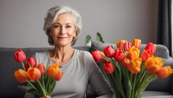 ai gegenereerd portret van een mooi ouderen vrouw met een boeket van tulp bloemen in de leven kamer foto