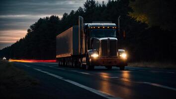 ai gegenereerd modern vrachtauto het rijden Aan de weg Bij nacht in zomer foto