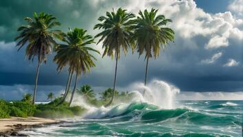 ai gegenereerd sterk wind tropisch storm palm bomen, oceaan kust foto