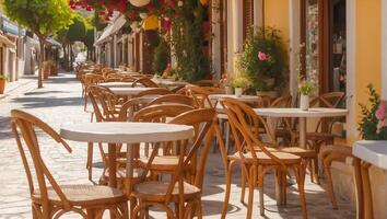 ai gegenereerd zomer cafe Aan de straat in Griekenland foto