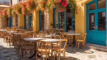 ai gegenereerd zomer cafe Aan de straat in Griekenland foto