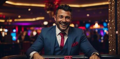 ai gegenereerd gelukkig Mens spelen in een casino foto