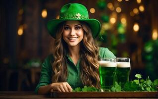 ai gegenereerd mooi meisje met een glas van groen bier, vervelend een hoed met Klaver bladeren achtergrond foto