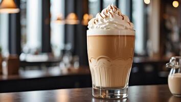 ai gegenereerd mooi latte koffie met geslagen room in een glas in een cafe foto