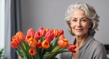 ai gegenereerd portret van een mooi ouderen vrouw met een boeket van tulp bloemen in de leven kamer foto