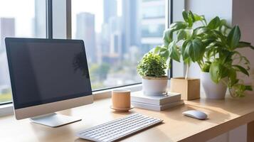 ai gegenereerd modern werkruimte, bureaublad computer Aan een bureau met een visie foto