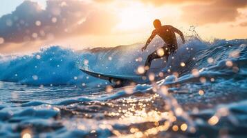 ai gegenereerd kust- avontuur, dynamisch surfer in actie Aan golvend zee foto