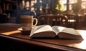 ai gegenereerd kop van koffie en boek Aan een houten tafel in een cafe foto