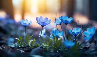 ai gegenereerd voorjaar sneeuwklokje bloemen. mooi natuur tafereel met bloeiend Woud bloemen. foto