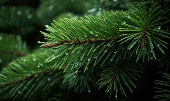 ai gegenereerd Spar boom Afdeling met water druppels detailopname. natuurlijk achtergrond foto