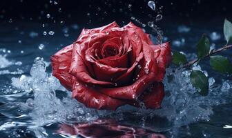 ai gegenereerd rood roos in water met spatten en druppels Aan donker blauw achtergrond foto
