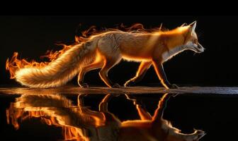 ai gegenereerd vurig vos Aan een zwart achtergrond. brand in de donker. fantasie dier, brand element. foto