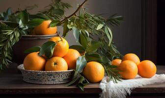 ai gegenereerd vers mandarijnen met groen bladeren Aan houten tafel. donker rustiek stijl. foto