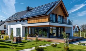 ai gegenereerd modern huis met zonne- panelen geïnstalleerd Aan de dak. modern huis met zonne- panelen geïnstalleerd Aan de dak. foto