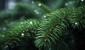 ai gegenereerd Spar boom Afdeling met water druppels detailopname. natuurlijk achtergrond foto