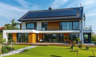 ai gegenereerd modern huis met zonne- panelen geïnstalleerd Aan de dak. modern huis met zonne- panelen geïnstalleerd Aan de dak. foto