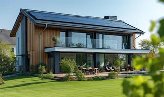 ai gegenereerd modern huis met zonne- panelen geïnstalleerd Aan de dak. modern huis met zonne- panelen geïnstalleerd Aan de dak. foto