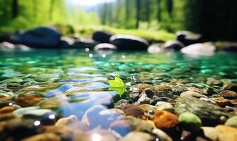 ai gegenereerd bevroren water in de Woud met ijs kubussen en kiezels. vroeg voorjaar landschap foto