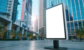 ai gegenereerd blanco straat aanplakbord Aan stad straat. bespotten omhoog van verticaal reclame staan in de straat foto