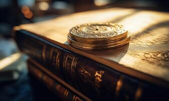 ai gegenereerd oud boeken Aan een houten tafel in de bibliotheek, lit door de zon foto