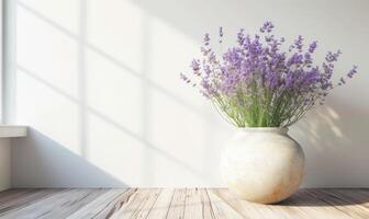 ai gegenereerd lavendel bloemen in vaas Aan houten tafel en wit muur achtergrond. foto