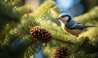 ai gegenereerd blauw tit tit Aan een Spar Afdeling met kegels in de herfst Woud. foto