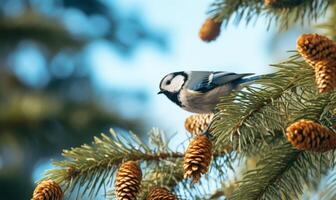 ai gegenereerd blauw tit tit Aan een Spar Afdeling met kegels in de herfst Woud. foto