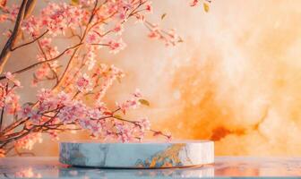 ai gegenereerd wit marmeren podium met kers bloesem Afdeling Aan blauw achtergrond foto