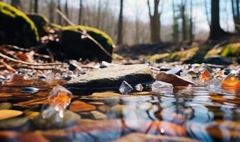 ai gegenereerd bevroren water in de Woud met ijs kubussen en kiezels. vroeg voorjaar landschap foto