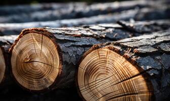 ai gegenereerd stapel van besnoeiing boom boomstammen in Woud, detailopname visie foto