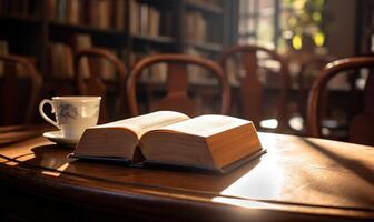 ai gegenereerd kop van koffie en boek Aan een houten tafel in een cafe foto