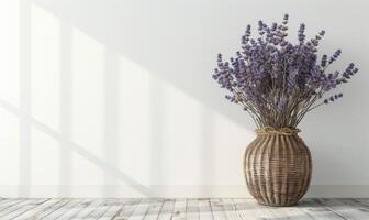 ai gegenereerd lavendel bloemen in rieten vaas Aan wit muur achtergrond met kopiëren ruimte foto