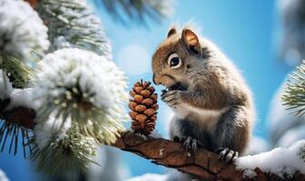 ai gegenereerd eekhoorn Holding een pijnboom ijshoorntje Aan een besneeuwd Afdeling van een pijnboom boom foto