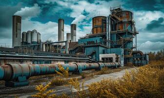 ai gegenereerd verlaten industrieel fabriek in de midden- van de Woud met blauw lucht foto