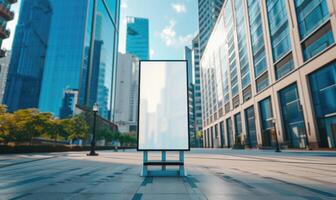 ai gegenereerd blanco straat aanplakbord Aan stad straat. bespotten omhoog van verticaal reclame staan in de straat foto