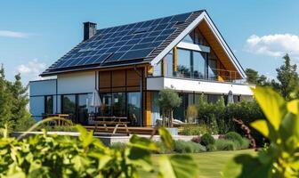 ai gegenereerd modern huis met zonne- panelen geïnstalleerd Aan de dak. modern huis met zonne- panelen geïnstalleerd Aan de dak. foto