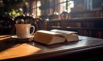 ai gegenereerd kop van koffie en boek Aan een houten tafel in een cafe foto
