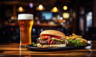 ai gegenereerd Hamburger met Frans Patat en een glas van bier in een kroeg foto